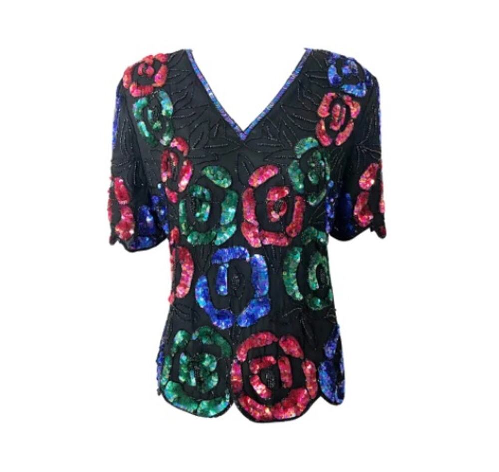 Stenay Vintage Women's Short Sleeve Beaded 1980 dress Formal Blouse Top Size S